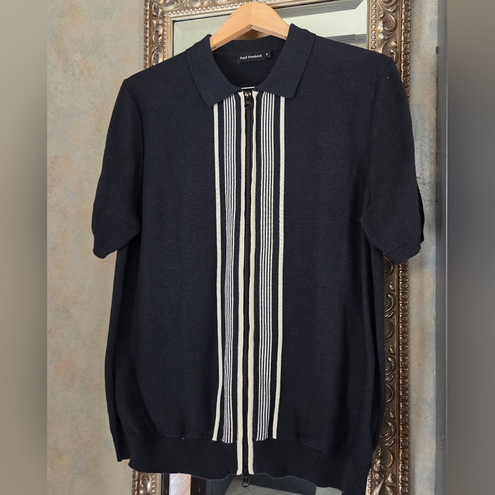 Paul Fredrick Men's Black and White Striped Sweater